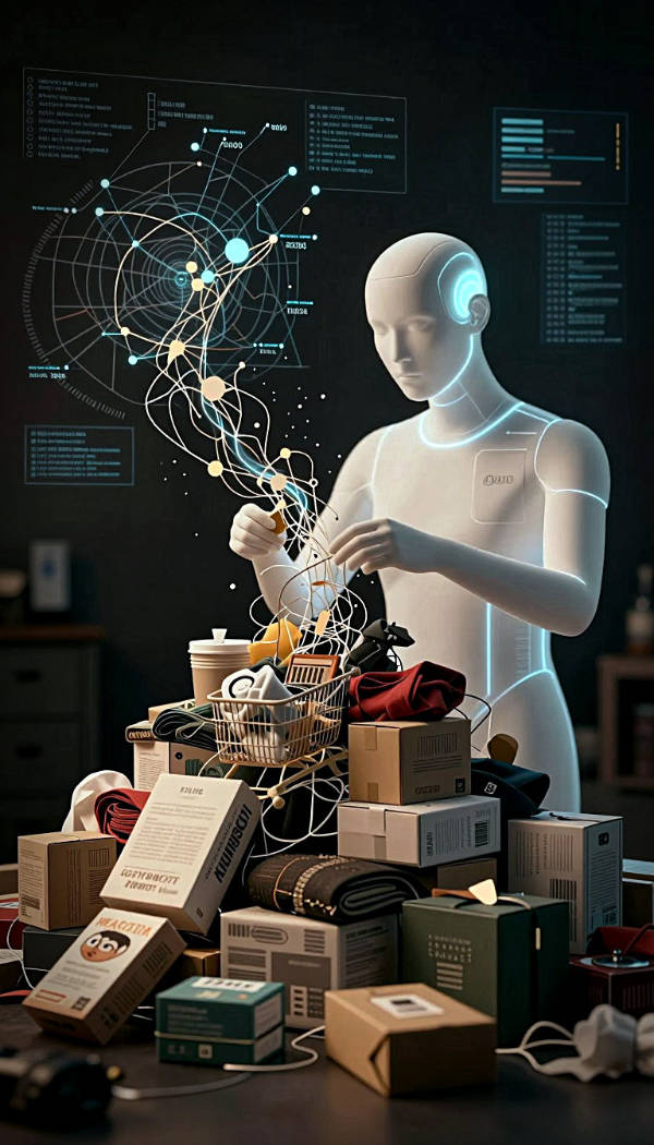 Ein futuristischer Roboter steht inmitten eines Chaos aus Kartons und Kleidung. Er manipuliert ein leuchtendes, komplexes Datennetzwerk, das vor ihm schwebt, während im Hintergrund Datenvisualisierungen zu sehen sind.