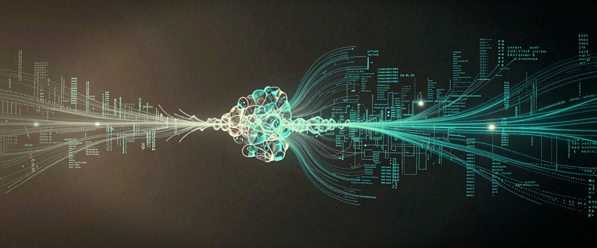 Visualisierung komplexer Datenströme und Analyse Ein dunkler, futuristischer Hintergrund zeigt komplexe Datenströme, die von links kommen und durch eine zentrale, leuchtende Datenwolke fließen. Die Ströme bestehen aus cyanfarbenen Linien, Zahlenreihen und Knotenpunkten, was einen Prozess der Datenverarbeitung und Analyse darstellt.