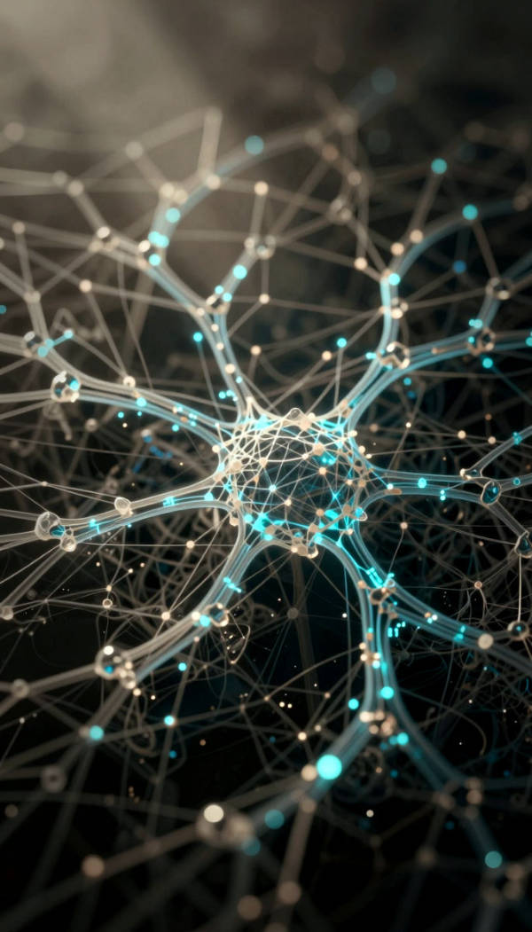 Neuronales Netzwerk und Datenverbindungen Eine komplexe, leuchtende Darstellung eines neuronalen Netzwerks, bestehend aus miteinander verbundenen blauen Knotenpunkten und Linien. Die Struktur ist auf einem dunklen Hintergrund zu sehen und vermittelt den Eindruck von Datenverbindungen oder künstlicher Intelligenz.