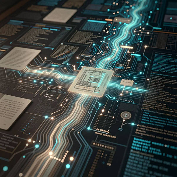 Futuristische Leiterplatte mit leuchtenden Datenbahnen Eine Nahaufnahme eines komplexen, leuchtenden Schaltkreises auf dunklem Hintergrund. Blau leuchtende Leiterbahnen und Chips sind detailliert angeordnet und vermitteln den Eindruck von intensiver Datenverarbeitung.