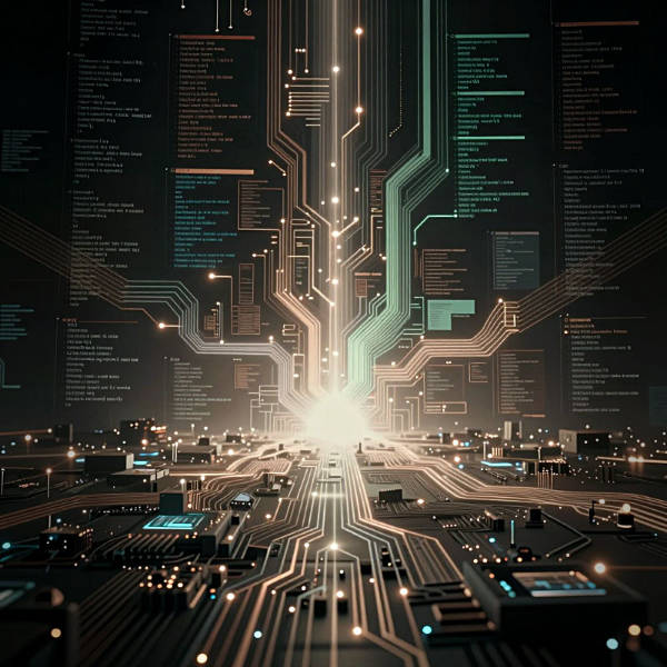 Schaltkreis-Metropole: Der Fluss der Daten Eine dunkle, futuristische Szene, die eine Stadtlandschaft darstellt, die von leuchtenden, komplexen Schaltkreisen und Datenpfaden durchzogen ist. Ein heller Lichtstrahl zieht sich durch die Mitte und symbolisiert den Fluss von Informationen.