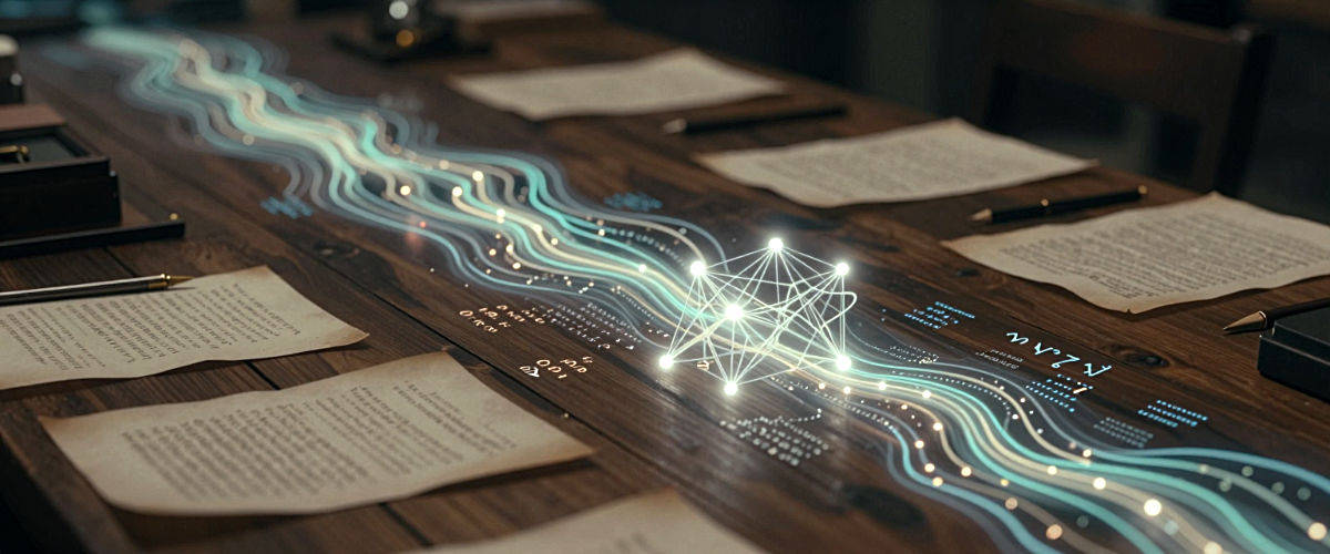 Datenanalyse und Vernetzung auf dem Schreibtisch Auf einem dunklen Holztisch liegen verstreute Dokumente, über die sich ein leuchtendes, digitales Netzwerk zieht. Die Darstellung zeigt miteinander verbundene Knotenpunkte und Datenströme, die eine komplexe Analyse symbolisieren.