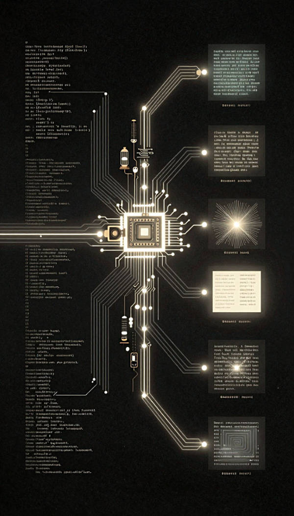 Schaltkreis der Daten: Digitale Komplexität und Code Das Bild ist eine dunkle, komplexe Darstellung eines Schaltkreises oder eines Prozessors, umgeben von Codezeilen, binären Daten und schematischen Diagrammen. Die gesamte Komposition vermittelt eine Atmosphäre digitaler, technischer Komplexität und Datenfluss.