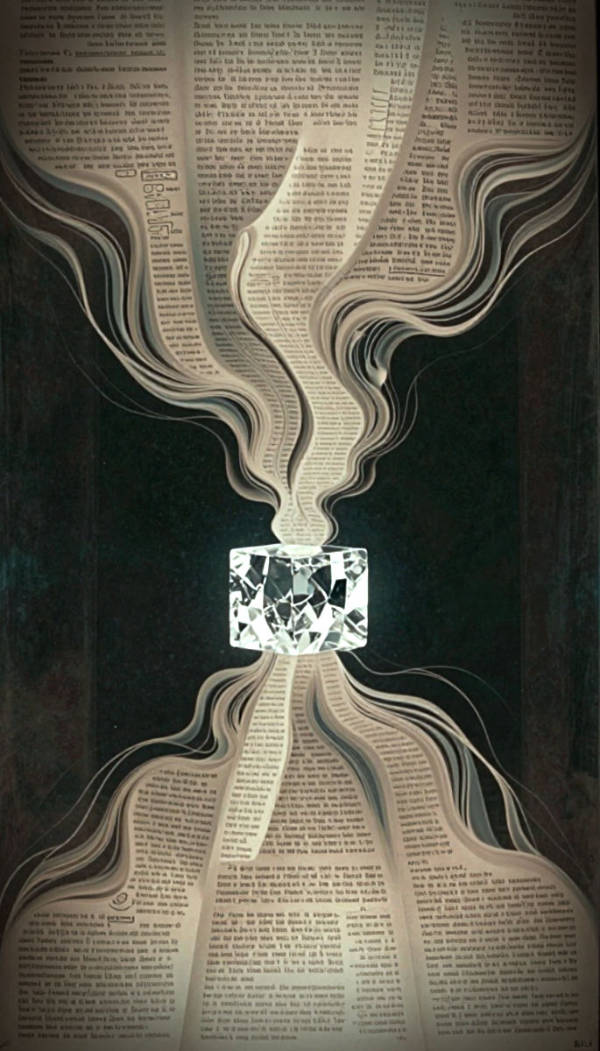 Ein komplexes Collage-Kunstwerk, das aus zahlreichen gedruckten Textfragmenten besteht, die in einer spiralförmigen Anordnung um ein zentrales, geometrisches Kristallobjekt gewickelt sind. Die Textmasse bildet einen visuellen Wirbel, der auf das klare Zentrum zuläuft.