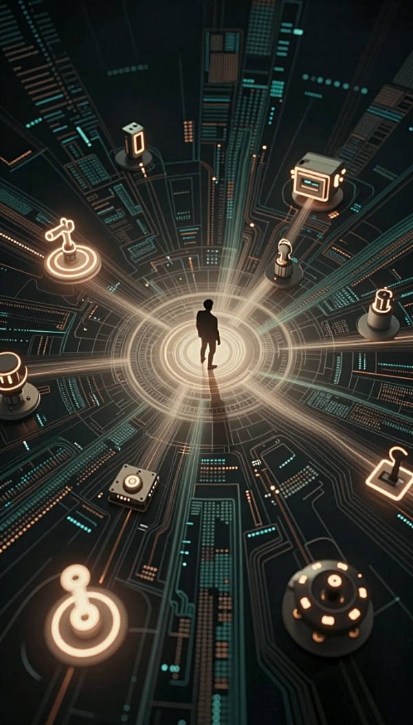 Eine stilisierte menschliche Silhouette steht im Zentrum eines futuristischen, leuchtenden Schaltkreises. Zahlreiche cyanfarbene und goldene Datenbahnen und Technologiekomponenten strahlen von diesem Mittelpunkt aus.