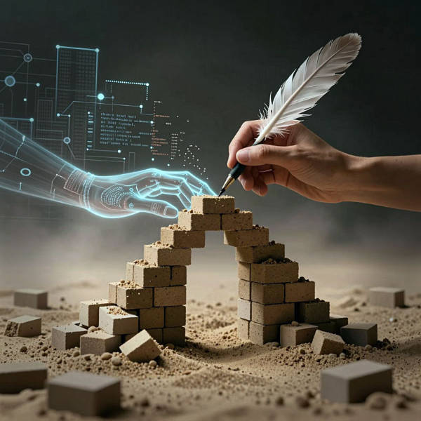 Eine Hand platziert einen Federkiel auf einen Turm aus quadratischen Steinen im Sand. Im Hintergrund leuchten futuristische, blaue Schaltkreisschemata, die Wissen oder Technologie symbolisieren.