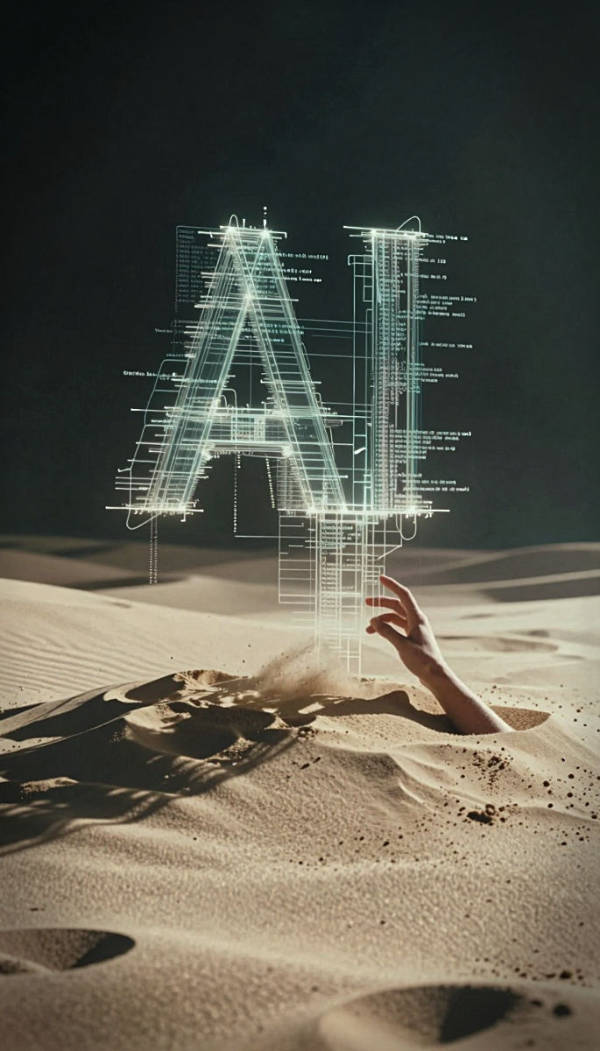 Eine Hand ragt aus Sanddünen empor, während über ihr ein leuchtendes, digitales Wireframe der Buchstaben AI schwebt, das wie Code oder Datenstrukturen aussieht.